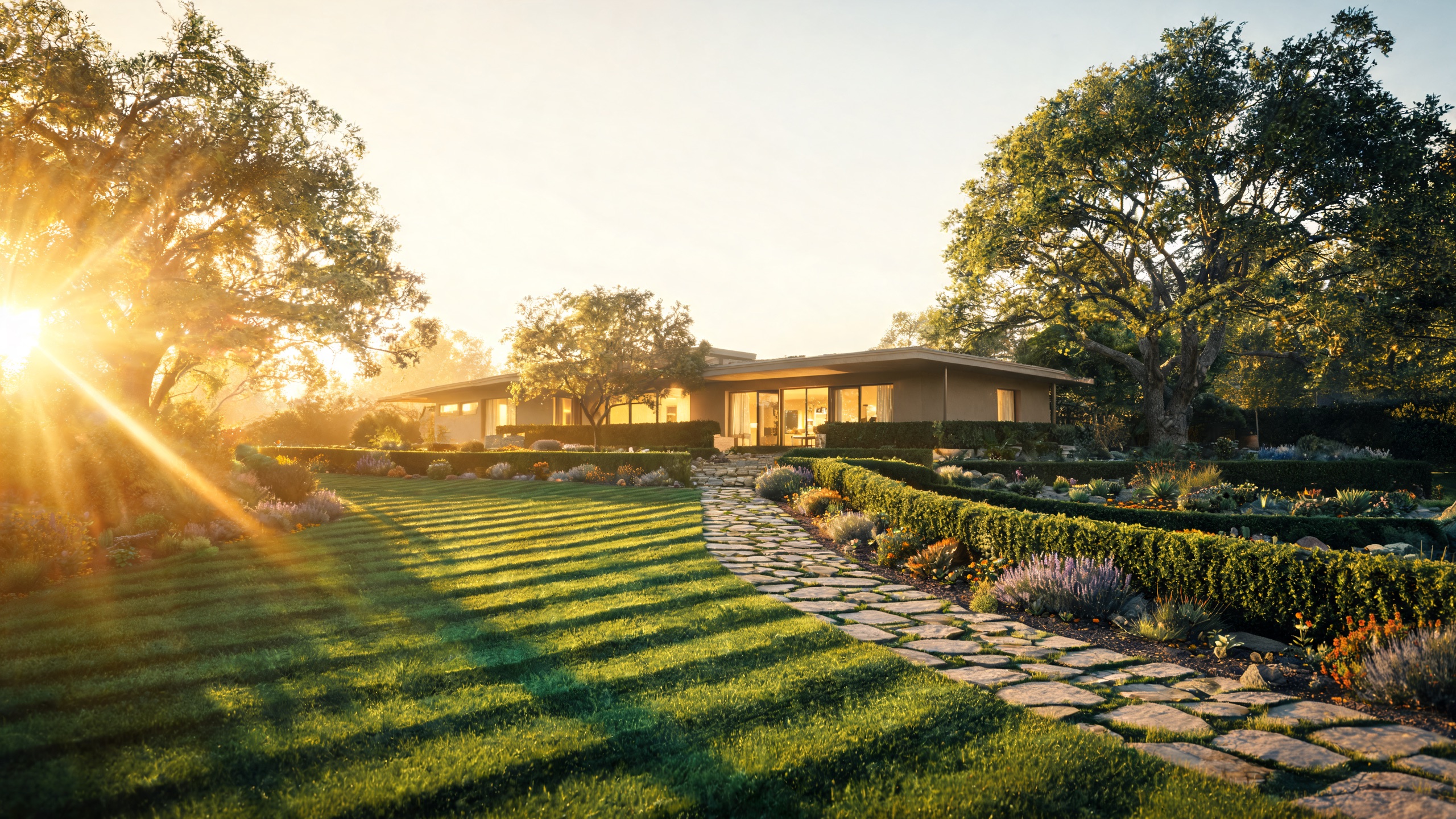 Golden-hour view of a pristine landscaped Erskine property with a striped lawn and stone path